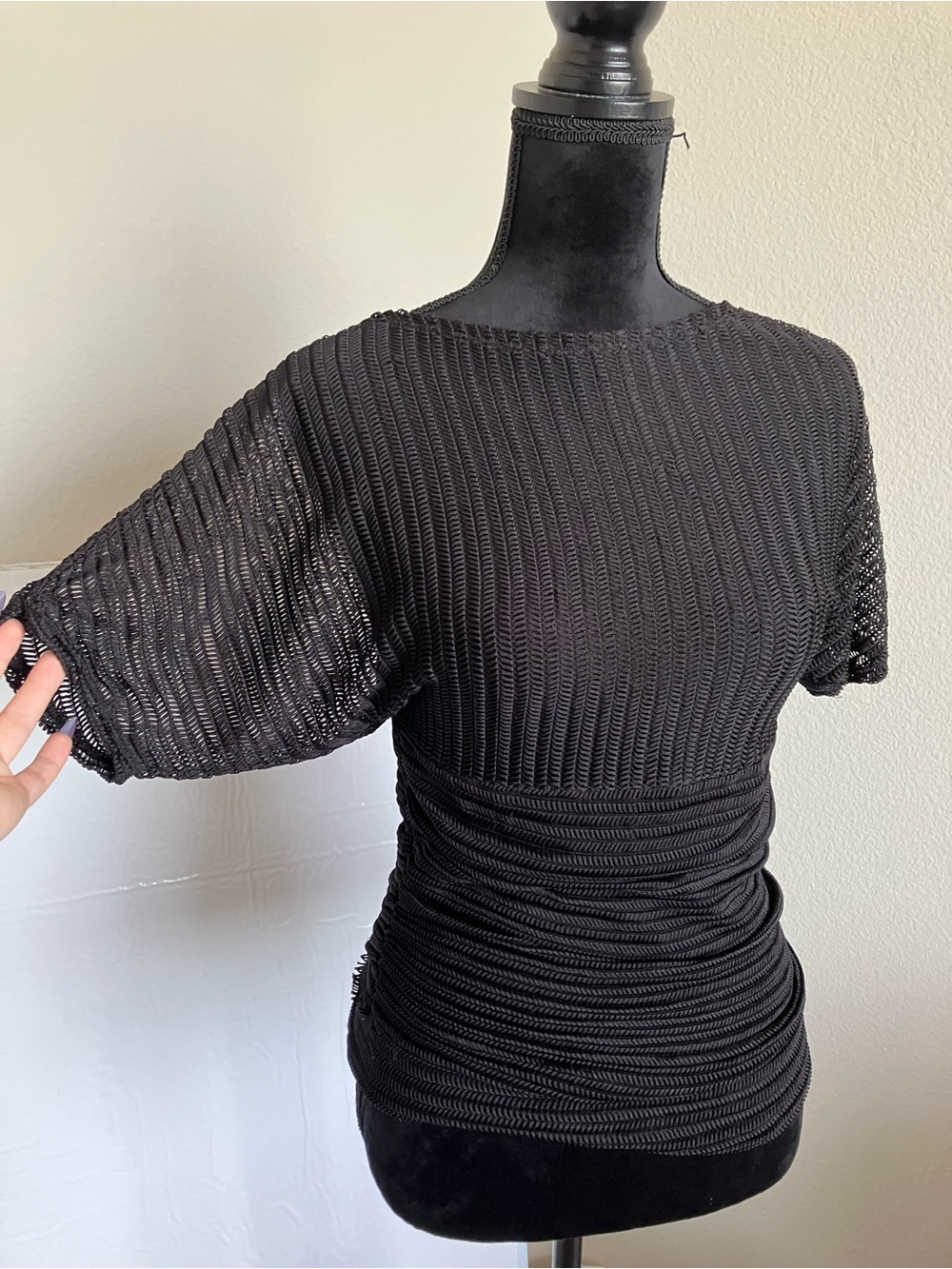 Black Textured Knit Short-Sleeve Blouse